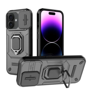 Phone Case BBR Warrior Armor ( Shockproof - Rugged ) with Kickstand-Ring and cameras slide cover for i-PHONE 16 (6.1) BLACK